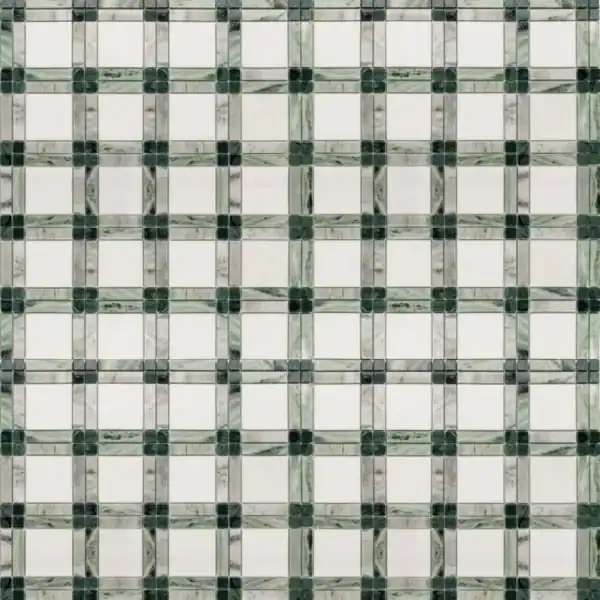 Tartan plaid marble mosaic tile with a grid pattern of white, grey, and green marble squares framed by darker green accents, creating a classic plaid-inspired design
