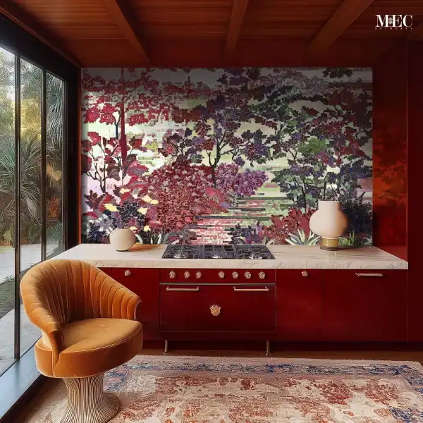 Kitchen mosaic backsplash with a vibrant garden scene in shades of red, purple, and green, featuring trees, foliage, and artistic glass tile detailing.
