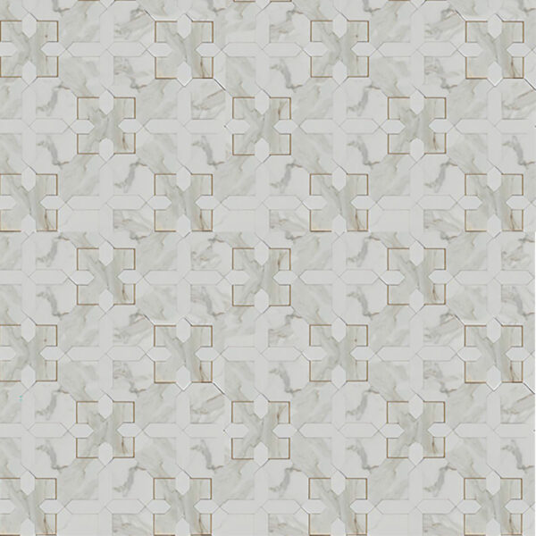 Geometric marble mosaic featuring interlocking cross patterns in white and gray Carrara marble with fine gold accents, creating a sophisticated and balanced design.