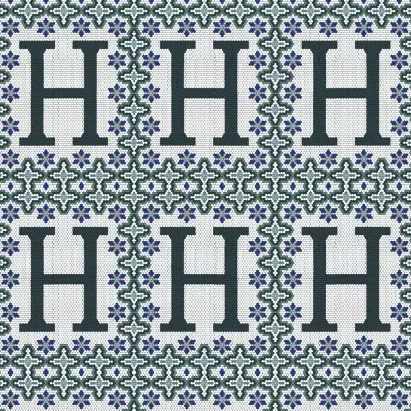 H mosaic tile pattern with bold letter H framed by geometric borders and blue floral accents, creating a personalized and elegant tile design.