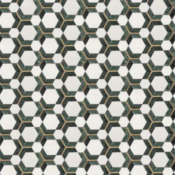 3D hexagonal weave marble mosaic featuring white marble, deep green stone, and golden outlines, creating a bold geometric optical illusion for walls and floors.