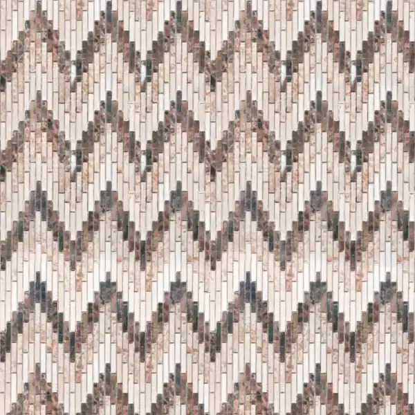 Modern plaid marble mosaic tile with zig-zag chevron design in neutral earth tones, perfect for kitchen backsplashes, bathrooms, and feature walls.