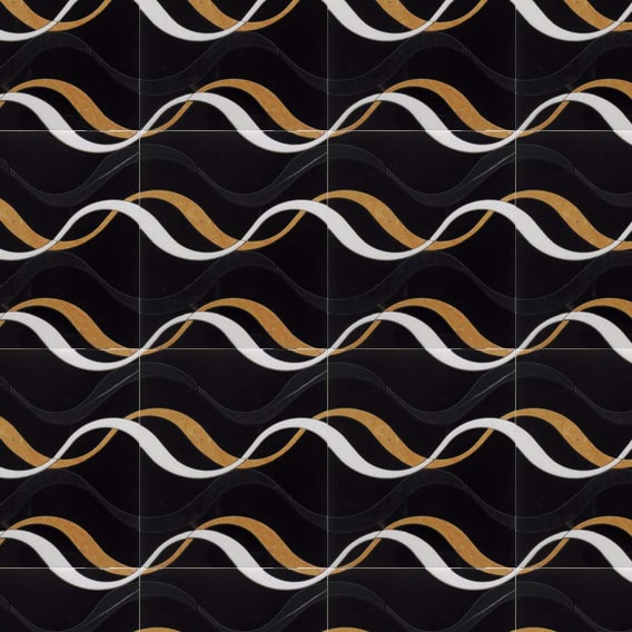 Luxurious black marble mosaic tile featuring flowing wave patterns in gold and white, creating a dynamic and elegant sense of motion.
