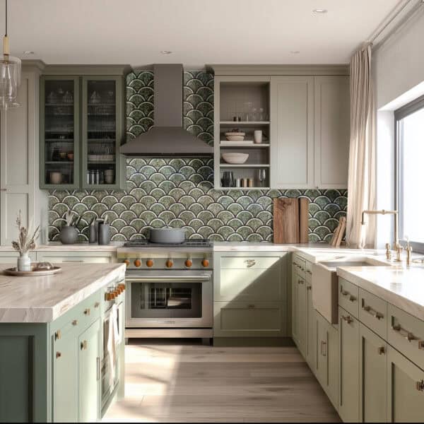 Green scallop-shaped mosaic tiles with a fish scale pattern used as a stylish kitchen backsplash, blending earthy tones with modern elegance.