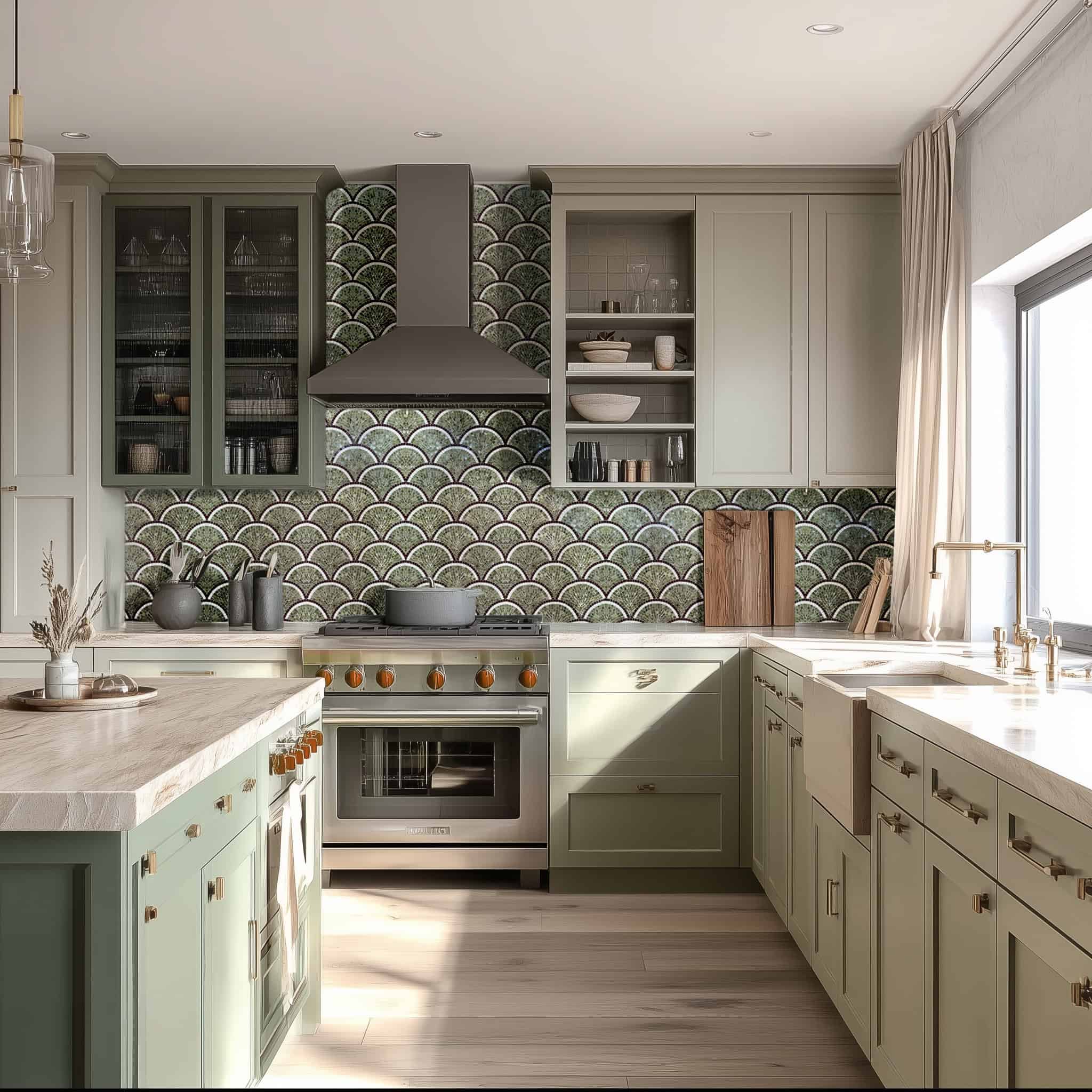 Green scallop-shaped mosaic tiles with a fish scale pattern used as a stylish kitchen backsplash, blending earthy tones with modern elegance.