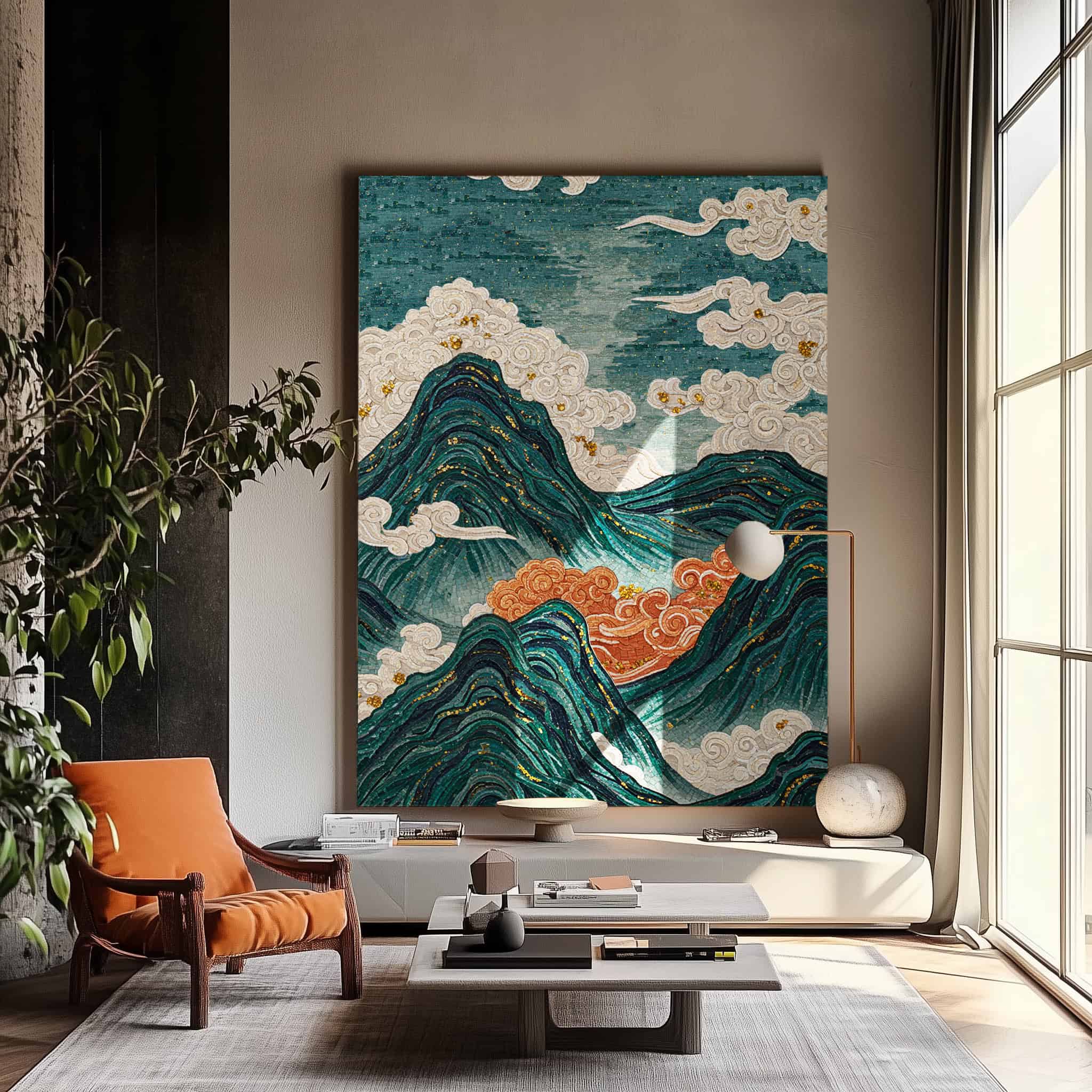 Celestial mountain mosaic wall art featuring teal peaks, swirling clouds, and golden accents, creating a dramatic and serene feature wall for luxury interiors.