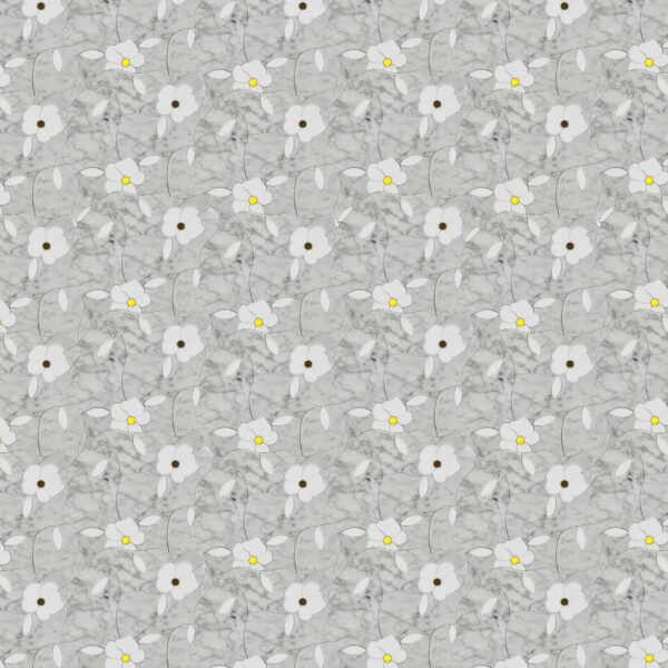marble mosaic featuring white flower motifs with yellow and brown centers, creating an elegant and delicate floral pattern.