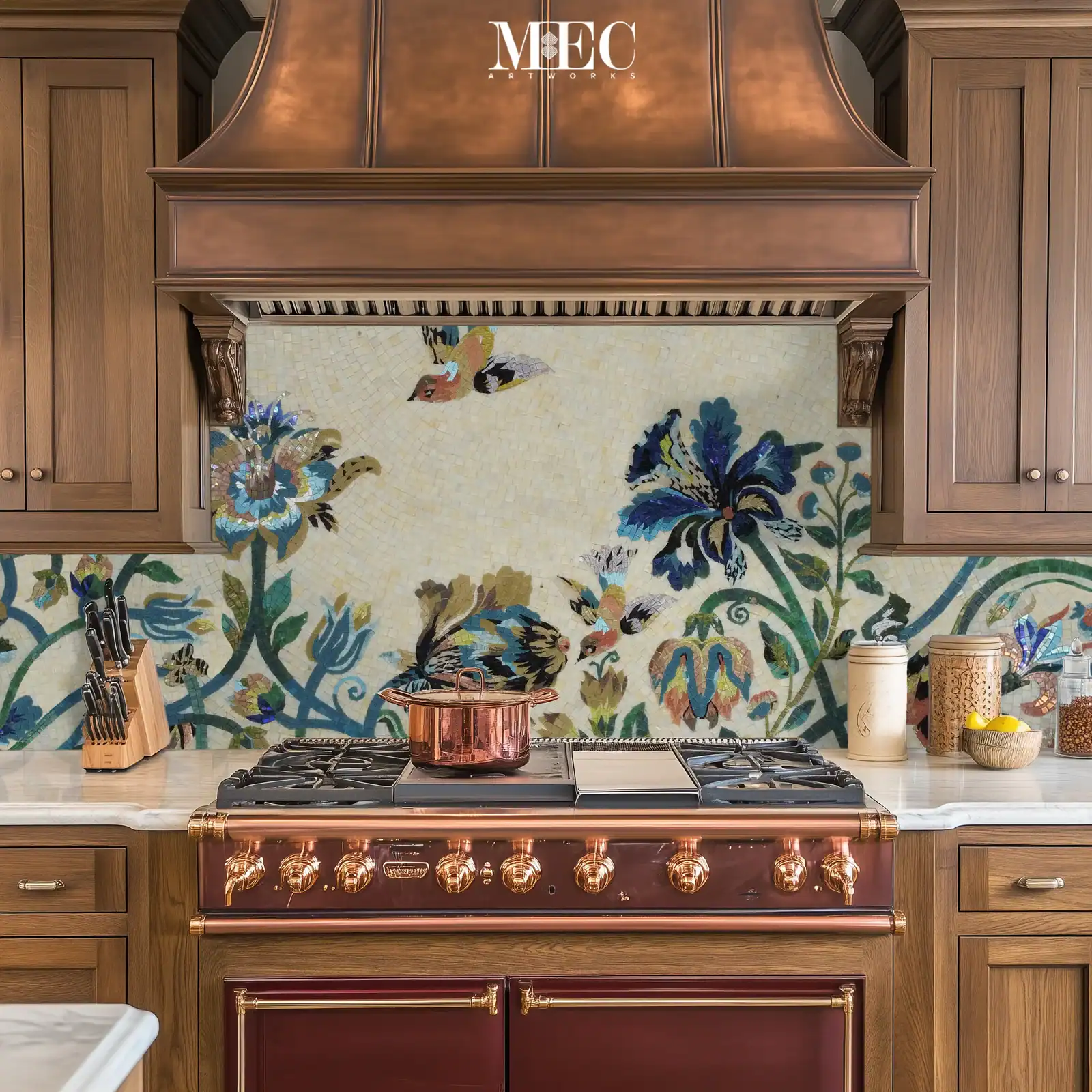 Colorful kitchen backsplash mosaic with large floral motifs and flying birds, handcrafted from glass mosaic tiles in shades of blue, green, gold, and cream.