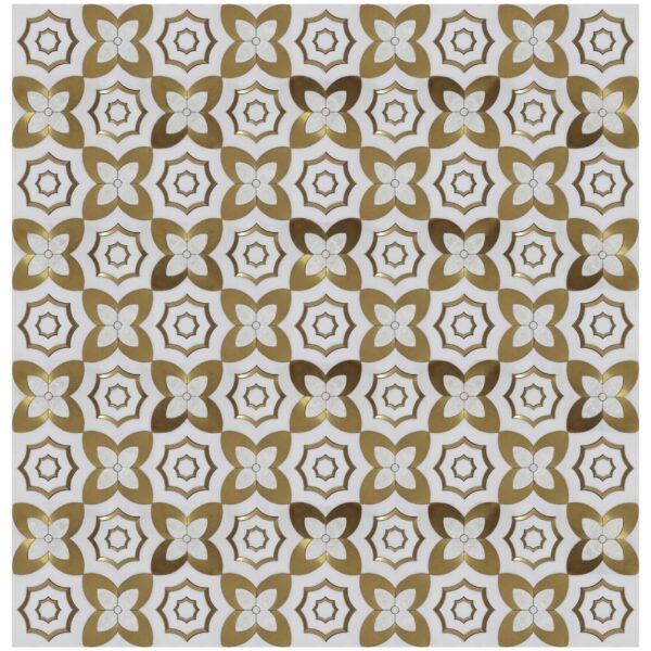 marble mosaic featuring alternating gold floral and starburst patterns, creating a luxurious geometric design with a metallic accent
