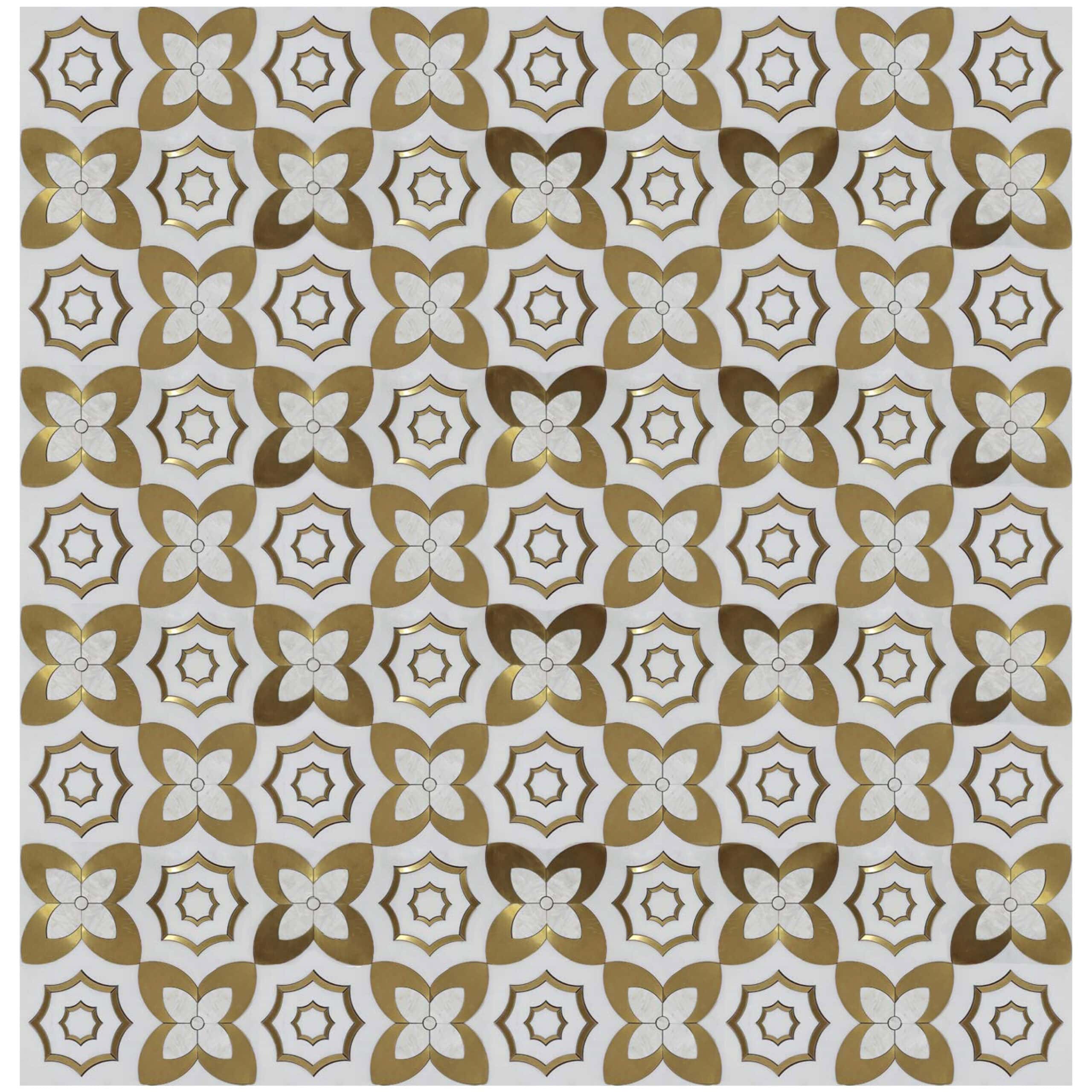 marble mosaic featuring alternating gold floral and starburst patterns, creating a luxurious geometric design with a metallic accent