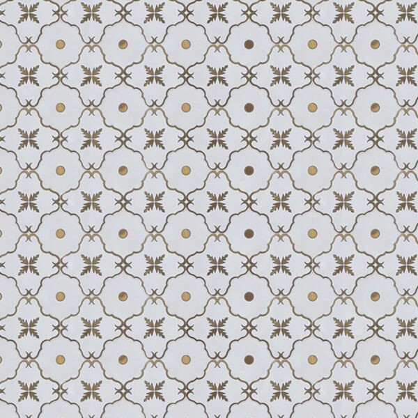 Marble mosaic with white floral motifs outlined in gold and accented by small golden circles, forming an elegant and symmetrical decorative pattern.