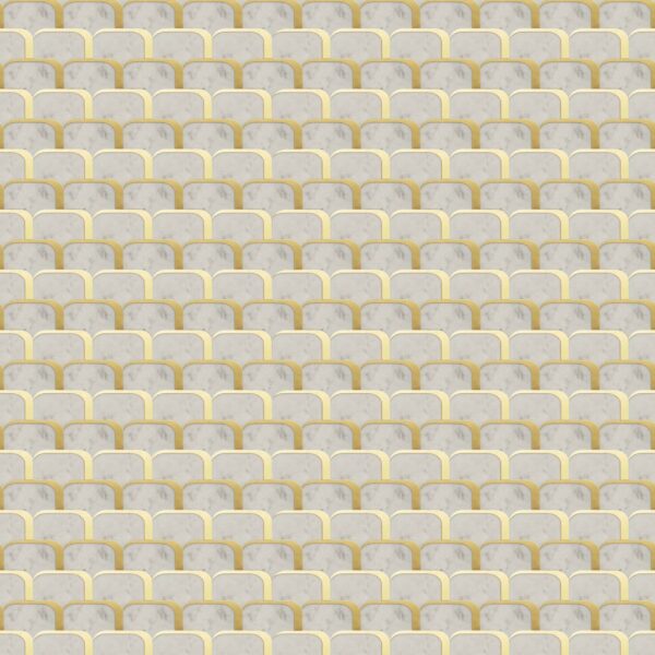 marble mosaic with interlocking arch-shaped tiles outlined in gold, creating a soft, elegant wave-like pattern.