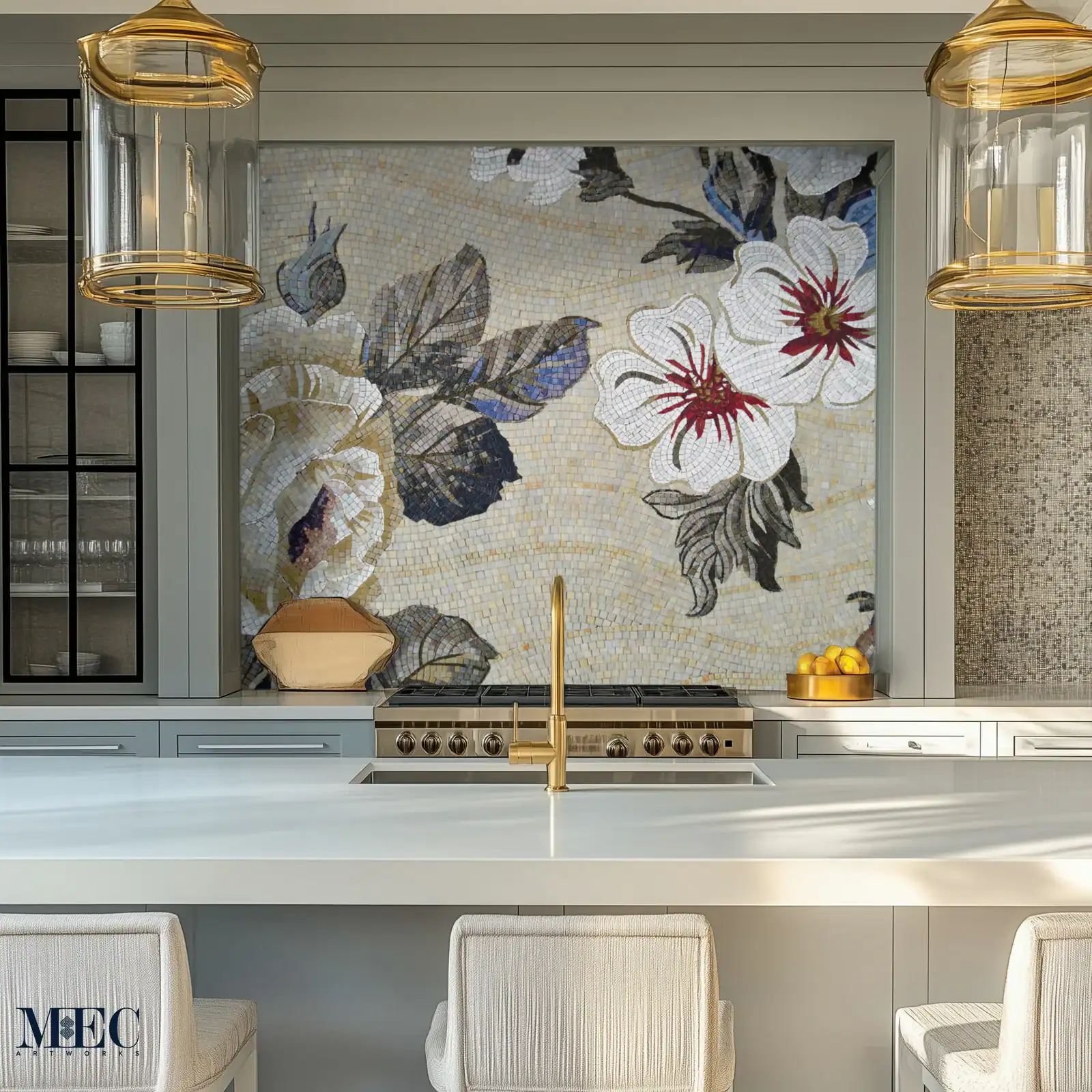 Kitchen backsplash mosaic featuring large floral blooms in shades of white, cream, gold, and deep blue on a neutral background, handcrafted in glass tiles.