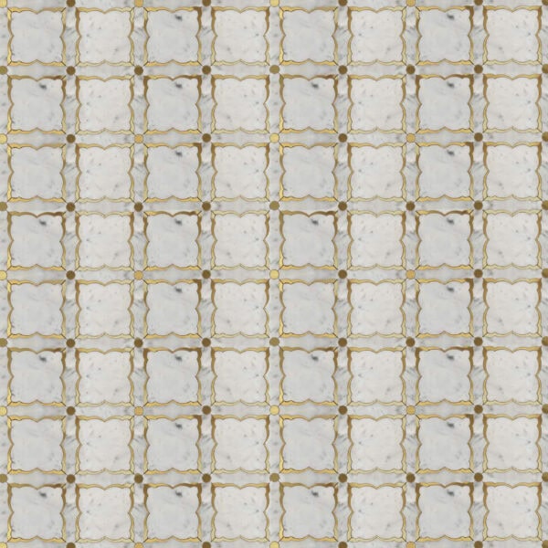 Square marble mosaic featuring white marble tiles outlined with gold borders and circular corner accents, creating an elegant geometric grid pattern.