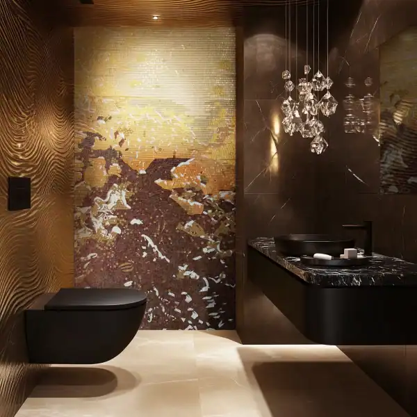 Golden Horizon Mosaic Mural Golden mosaic mural wall art with warm amber, bronze, and brown tones, featuring abstract flowing patterns and reflective tile finish for luxury interiors.