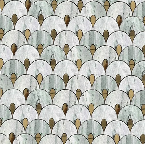 Elegant marble mosaic tile featuring a scalloped fan pattern in gray and white tones with golden teardrop accents for a refined look.