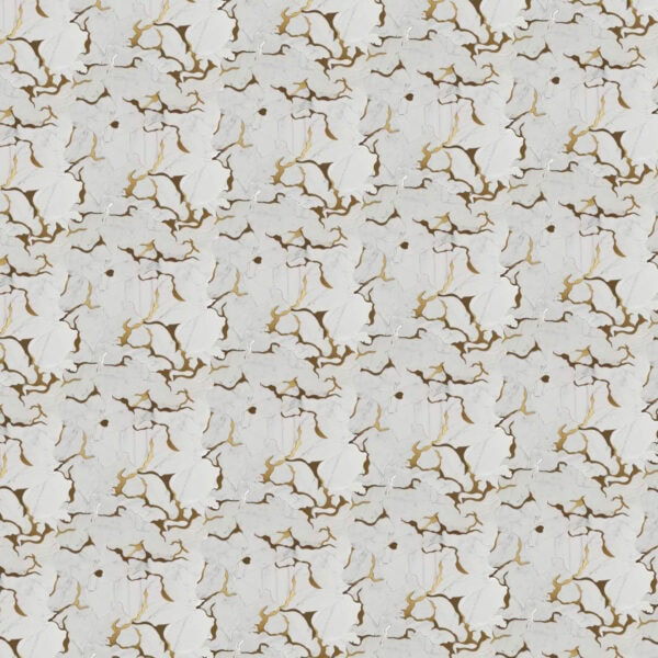 Abstract marble mosaic featuring flowing gold veins and irregular white and gray marble fragments, creating a luxurious organic pattern with artistic movement.