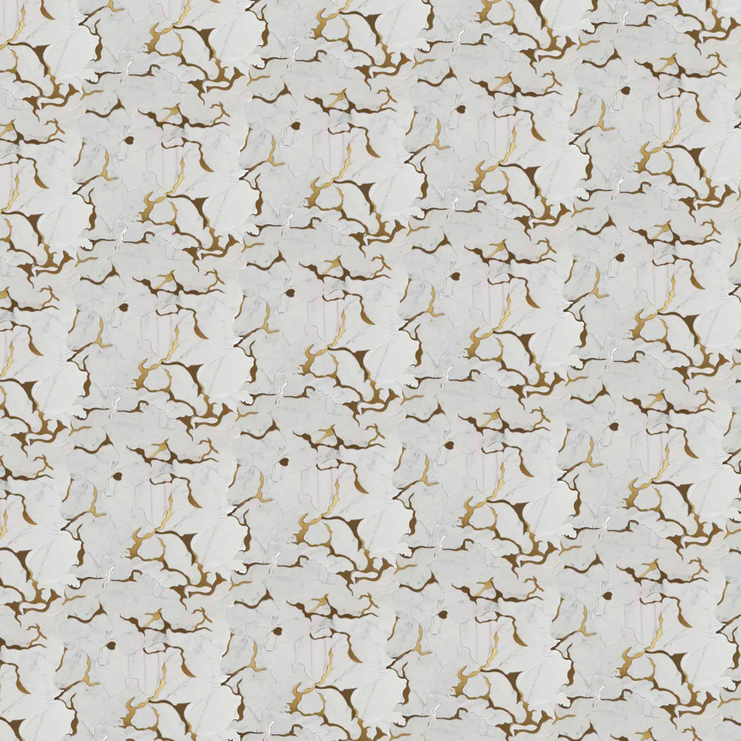 Abstract marble mosaic featuring flowing gold veins and irregular white and gray marble fragments, creating a luxurious organic pattern with artistic movement.