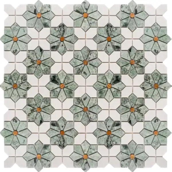 “Floral medallion marble mosaic tile featuring green marble petals with golden-brown centers on a white marble background, creating an elegant flower-inspired pattern.