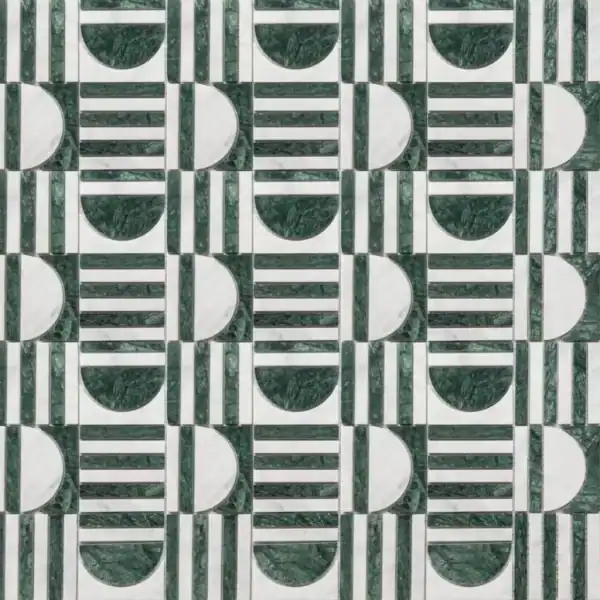 Geometric arch marble mosaic tile featuring alternating green and white arches and stripes, creating a modern, symmetrical pattern with elegant contrast.