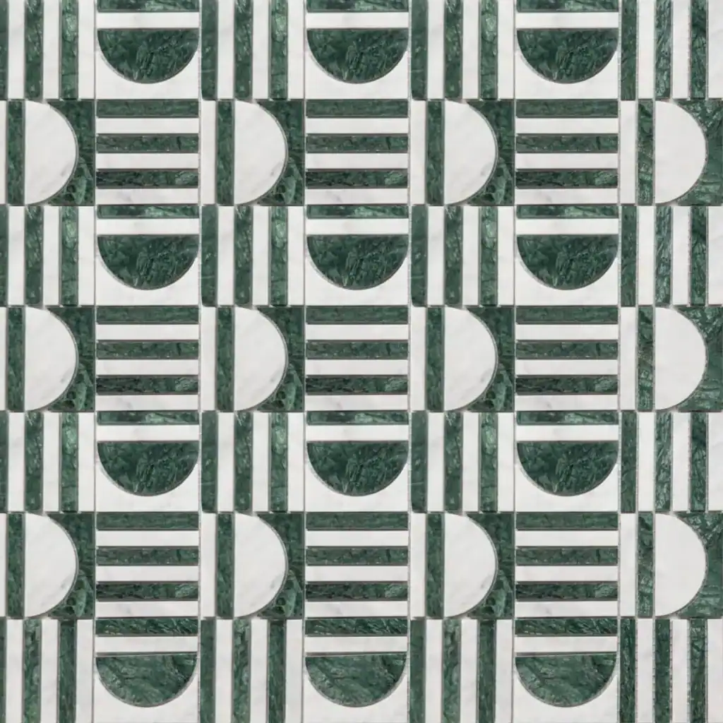 Geometric arch marble mosaic tile featuring alternating green and white arches and stripes, creating a modern, symmetrical pattern with elegant contrast.