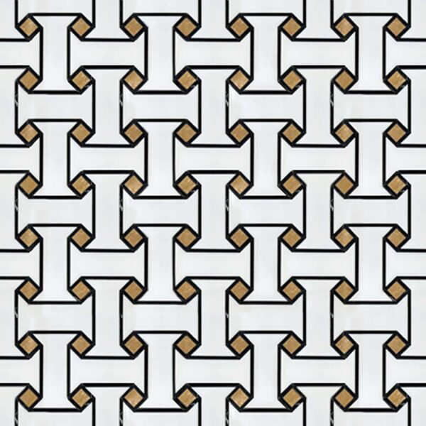 Modern white marble mosaic featuring an interlocking geometric pattern outlined in black with gold accent details at each junction for a luxurious Art Deco look.