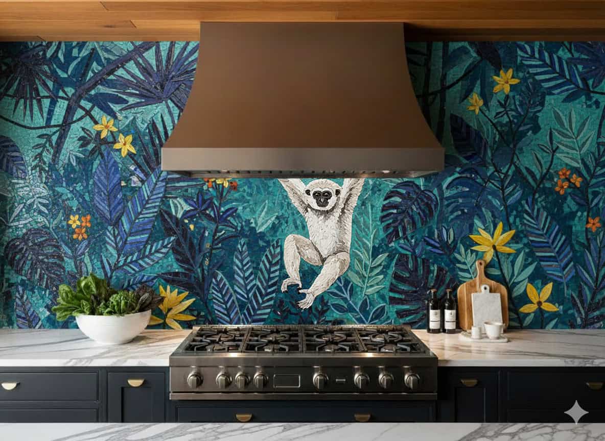Tropical jungle mosaic backsplash featuring a playful white monkey swinging among lush green foliage and vibrant flowers, set behind a modern kitchen stove