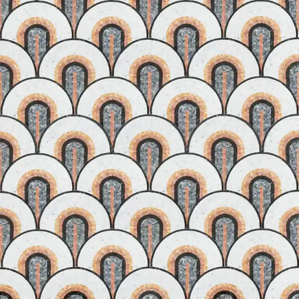 Art Deco Fan Mosaic Tile with semi-circular fan patterns in black, white, grey, and orange tones, inspired by vintage 1920s design, ideal for statement walls, bathrooms, and backsplashes