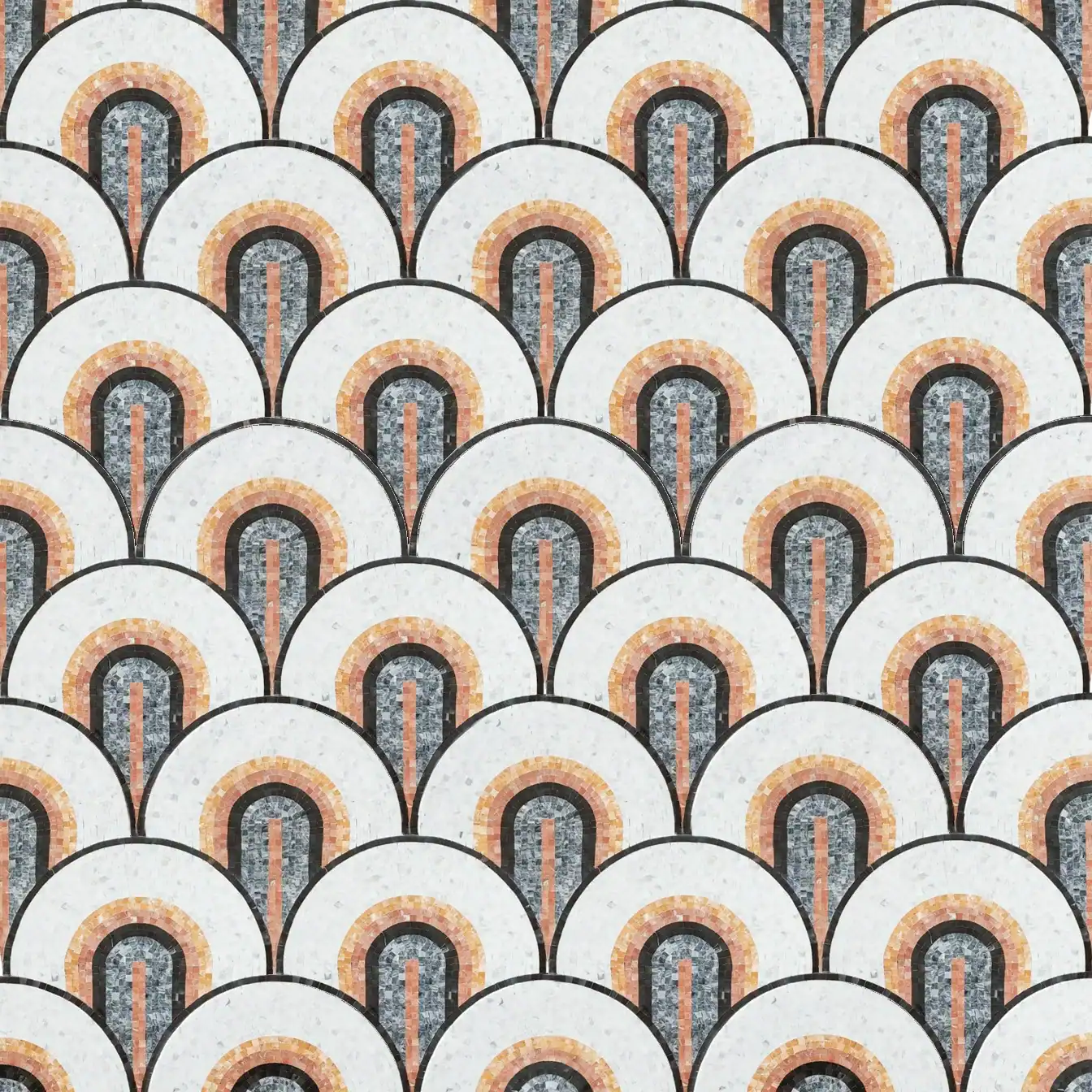 Art Deco Fan Mosaic Tile with semi-circular fan patterns in black, white, grey, and orange tones, inspired by vintage 1920s design, ideal for statement walls, bathrooms, and backsplashes
