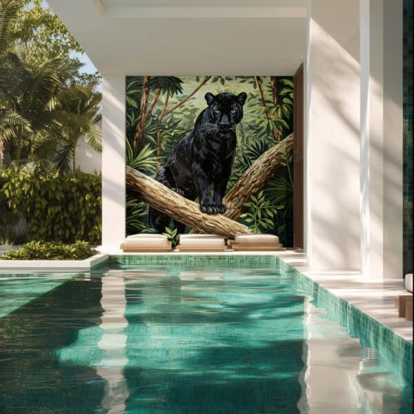 Luxury black panther mosaic mural on a poolside wall, featuring jungle foliage and a bold artistic design for outdoor spaces.