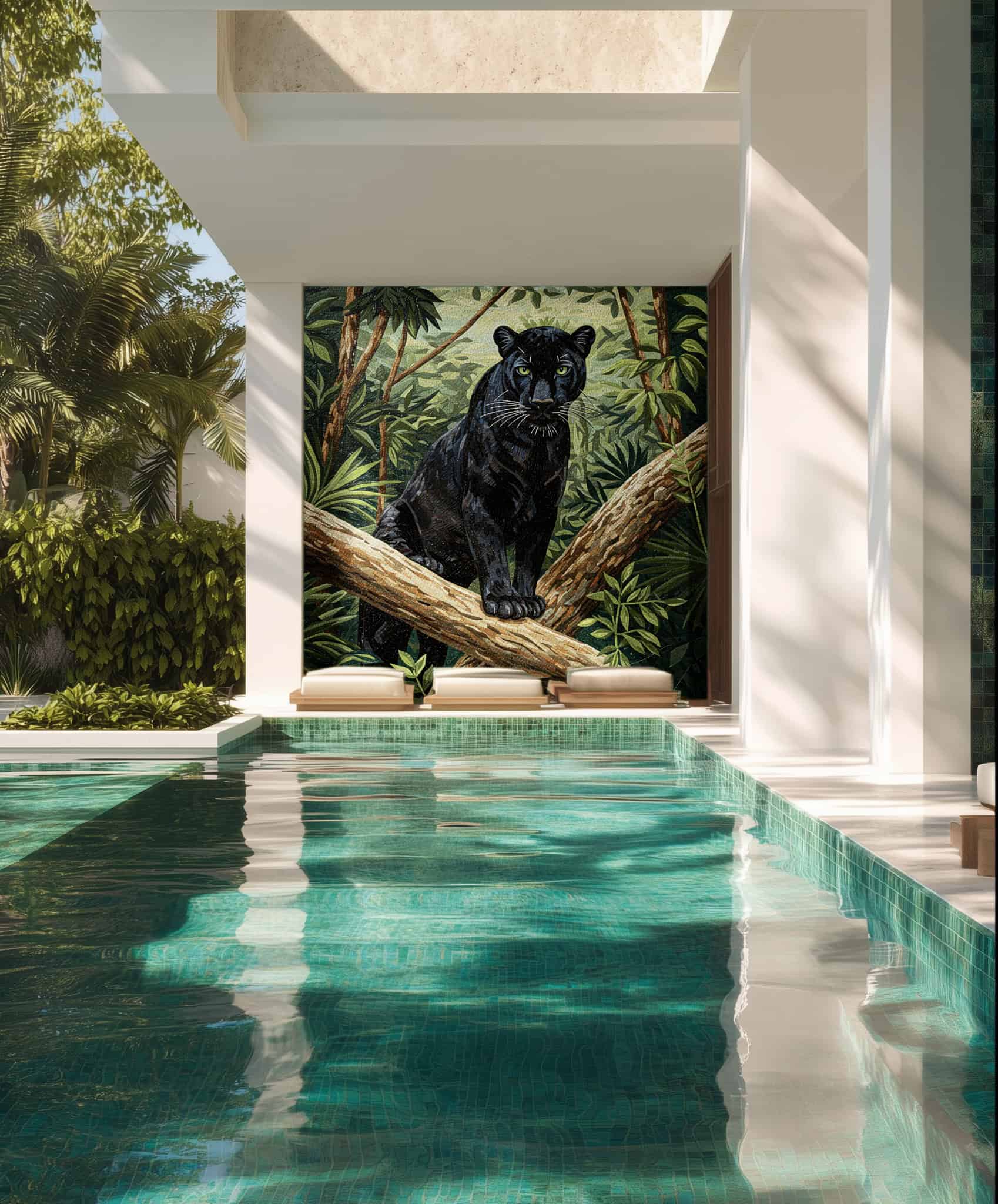 Luxury black panther mosaic mural on a poolside wall, featuring jungle foliage and a bold artistic design for outdoor spaces.