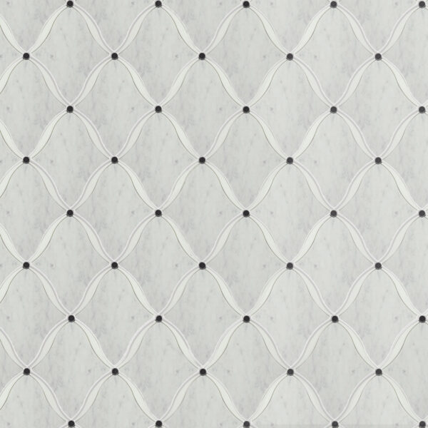 Marble Weave Mosaic Tile White marble mosaic featuring curved diamond lattice lines intersected by small black marble dots, creating a flowing and elegant geometric pattern.