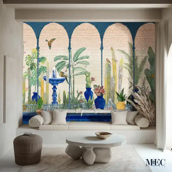 Mosaic mural showing a Mediterranean courtyard with blue fountain, lush greenery, terracotta vases, and birds under arched colonnades.