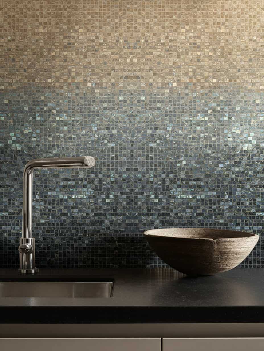 backsplash featuring a gradient mosaic transitioning from warm beige to dark graphite tones, paired with a chrome faucet and stone bowl on a black countertop.