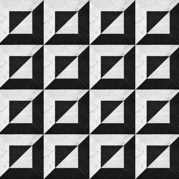 Monochrome Illusion Marble Mosaic Black and white geometric marble mosaic featuring alternating square and diagonal patterns creating a 3D optical illusion effect.
