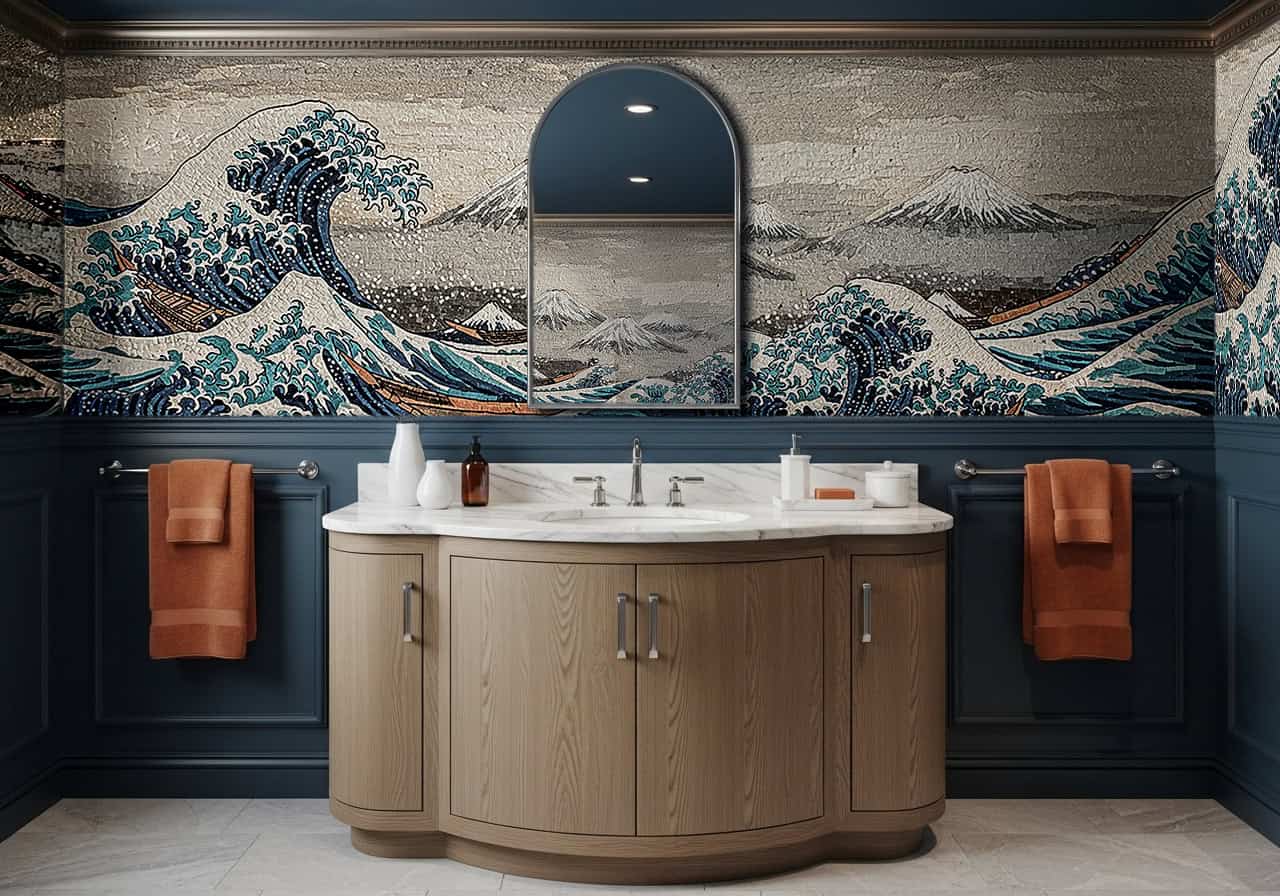 Great Wave mosaic bathroom wall inspired by Hokusai, featuring dynamic blue waves, Mount Fuji, and artistic handcrafted glass and stone tiles.