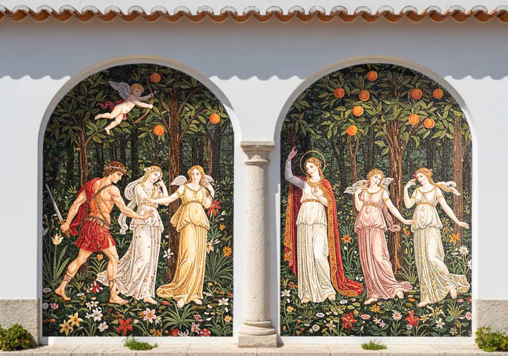 Handcrafted outdoor mosaic wall mural depicting mythological figures, angels, and lush garden scenery with Renaissance-inspired artistry.