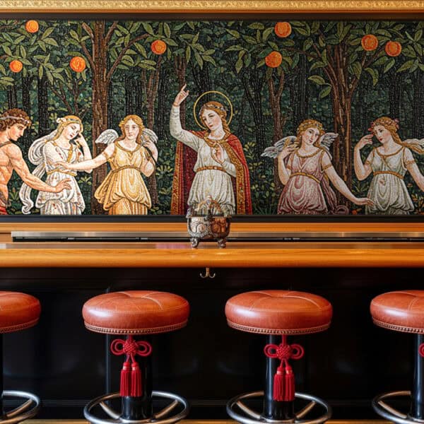 Handmade mosaic mural depicting mythological figures, angels, and fruit trees in a Renaissance-inspired design, rich in color and detail.