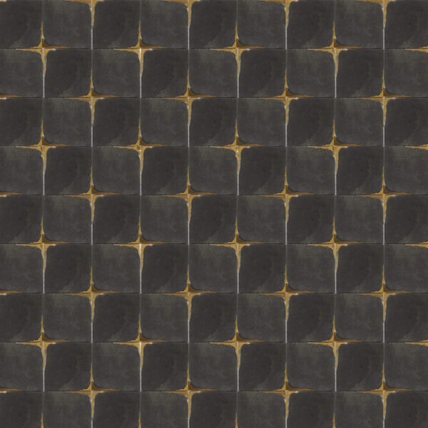 Black marble mosaic featuring square tiles with golden accent joints, creating a luxurious geometric pattern with a modern edge