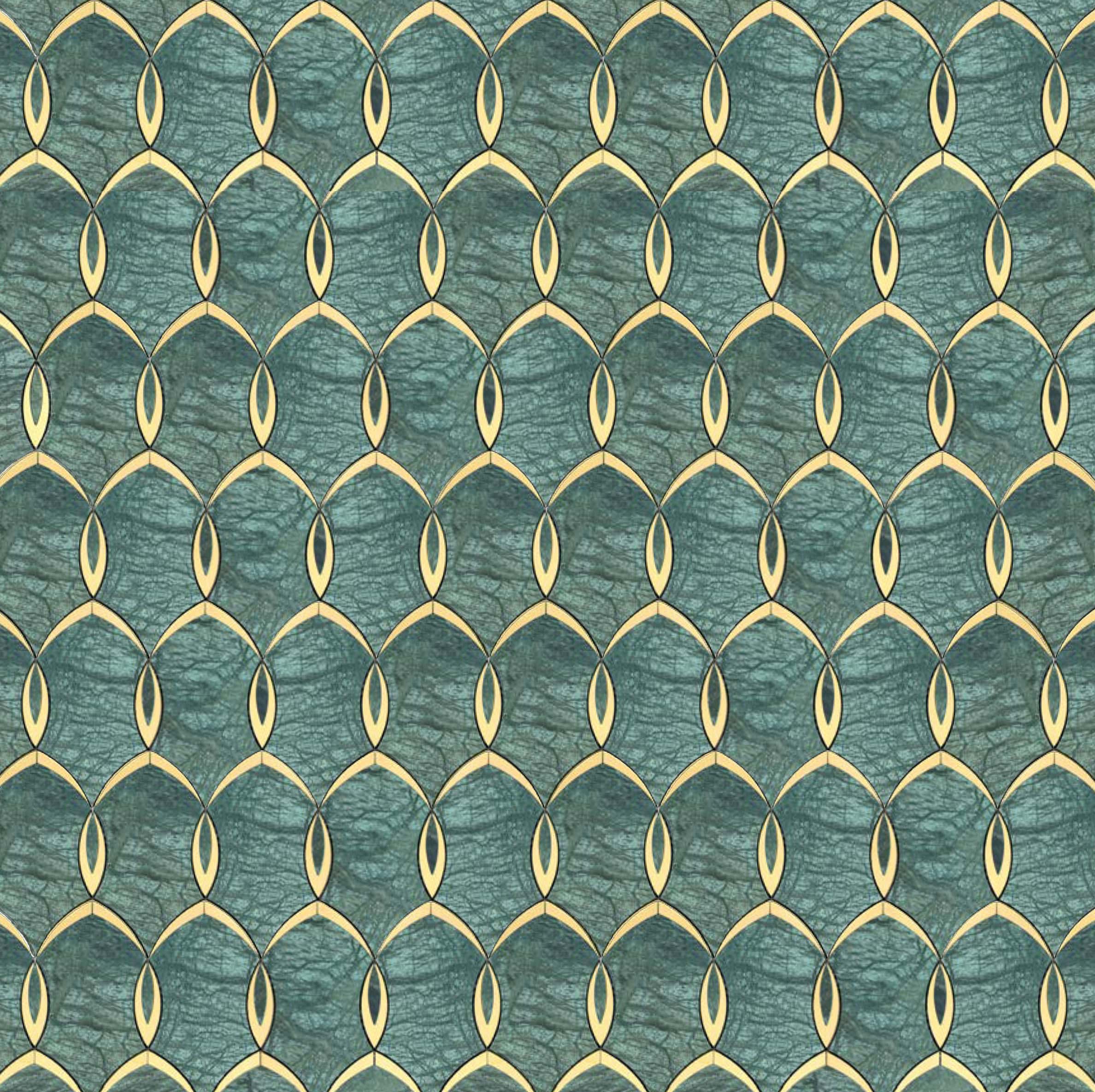 marble mosaic featuring interlocking gold-edged petal shapes arranged in a symmetrical pattern, creating a luxurious and elegant geometric design.