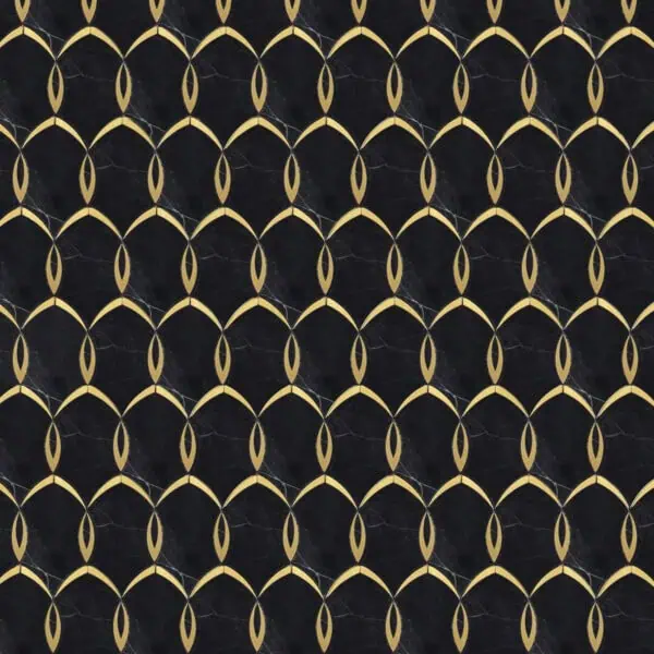 Black marble mosaic featuring interlocking gold-edged petal shapes arranged in a symmetrical pattern, creating a luxurious and elegant geometric design.