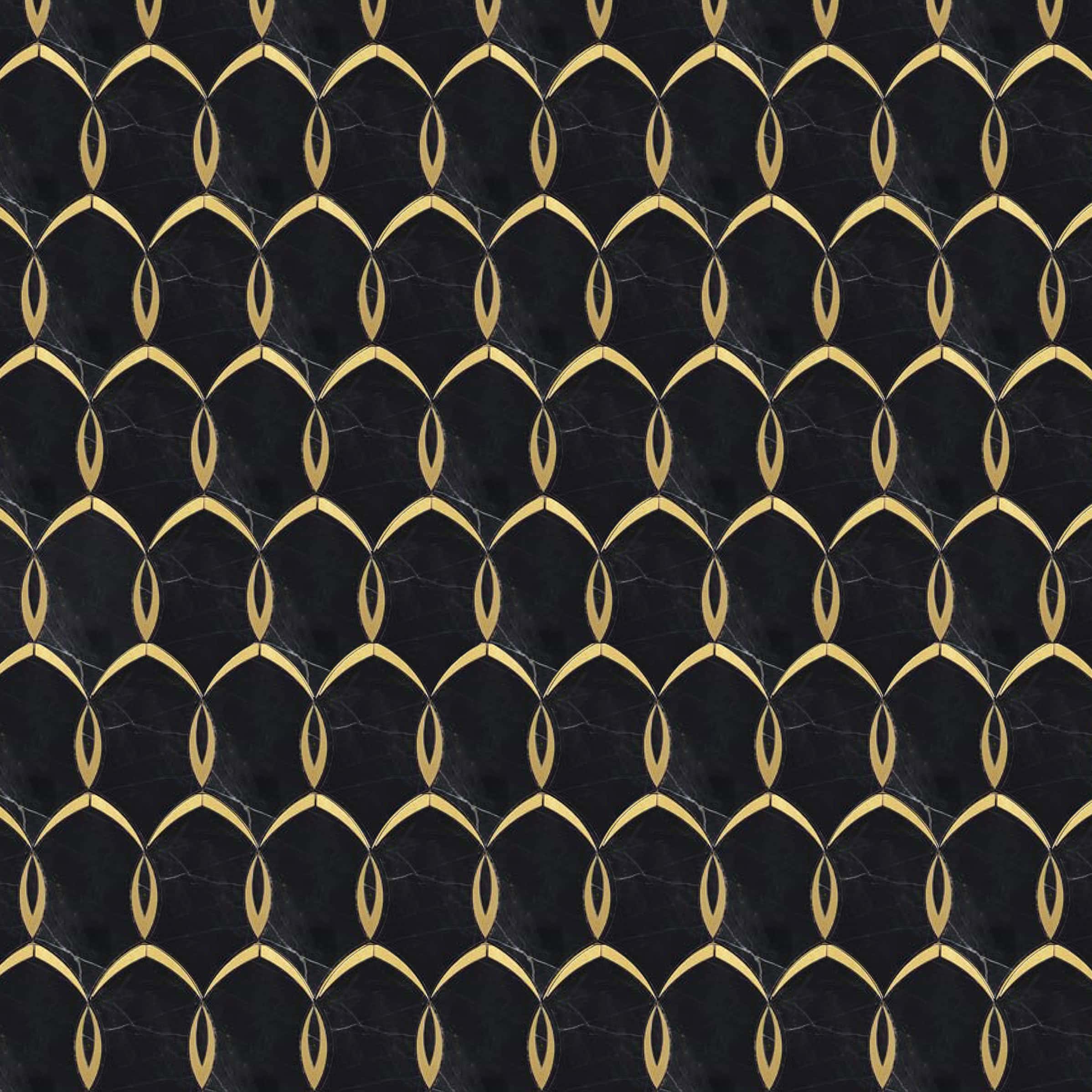 Black marble mosaic featuring interlocking gold-edged petal shapes arranged in a symmetrical pattern, creating a luxurious and elegant geometric design.
