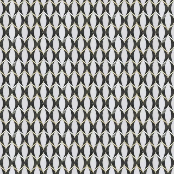 Noir Gold Teardrop Marble Mosaic Black and white marble mosaic with interlocking teardrop shapes outlined in gold, creating a rhythmic geometric pattern with a luxurious modern look.