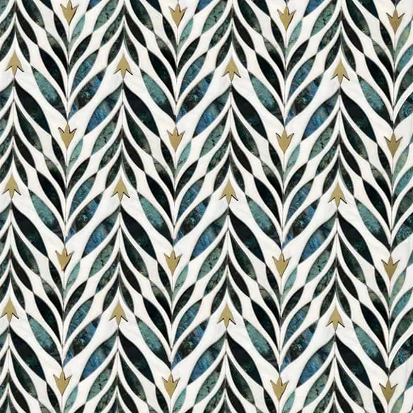 Luxurious Art Deco marble mosaic tile featuring a layered feather design in emerald green, blue, white, and gold accents, creating a bold geometric flow pattern.