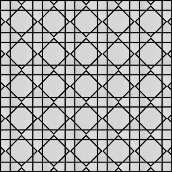 Black and white marble mosaic featuring interlocking square and diagonal line grid pattern, creating a structured and modern geometric design.