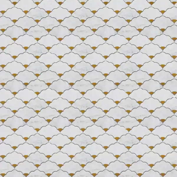 Elegant teardrop marble mosaic tile with white stone and golden accents arranged in a scallop pattern, perfect for luxury bathrooms, kitchens, and feature walls.