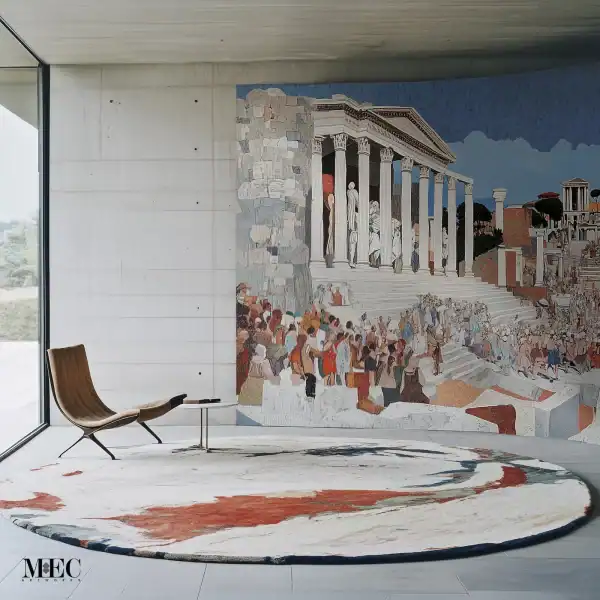Mosaic wall depicting a grand Roman temple with towering columns, crowds gathered on the steps, and detailed architecture in the background inside a contemporary room.