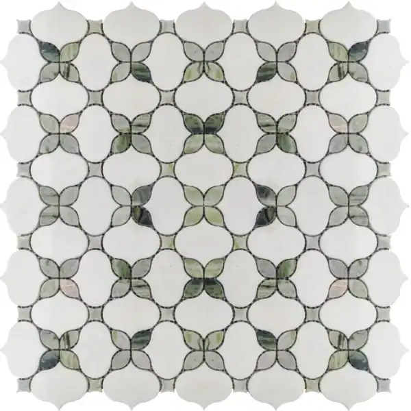 Cloverleaf marble mosaic tile with white marble petals and green-grey marble accents forming a repeating clover pattern for a refined and organic look.