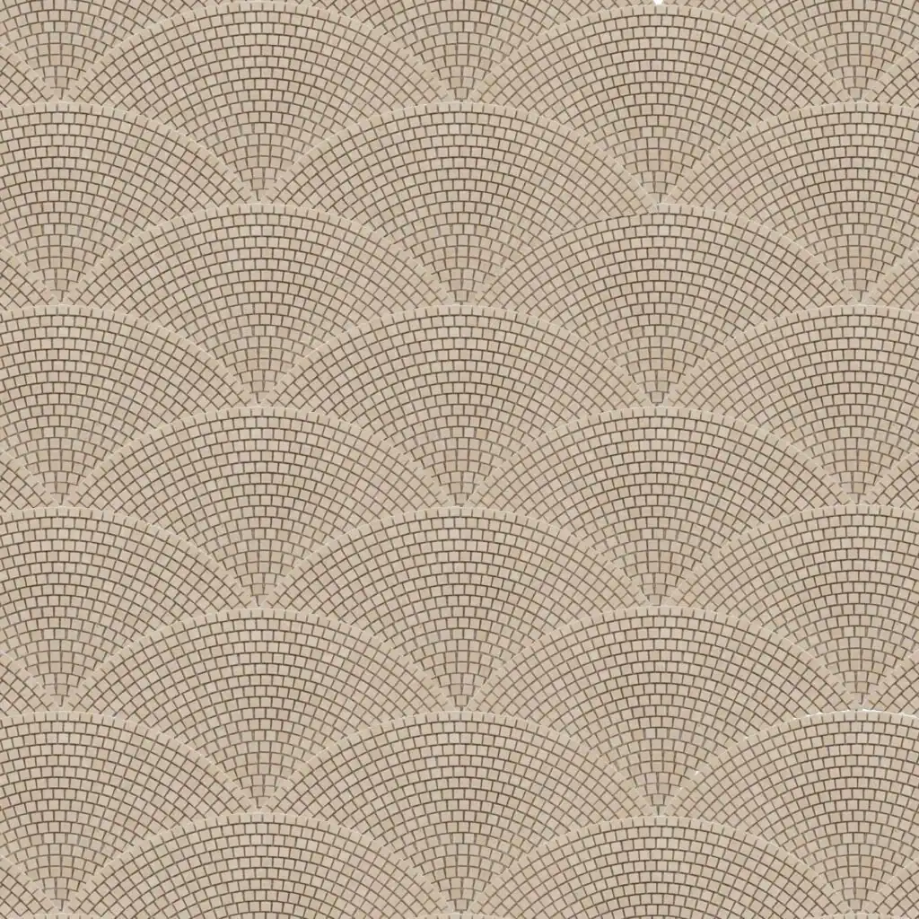 Beige soft texture geometric mosaic tile with arching fan-like patterns formed by small square tesserae, creating a rhythmic and elegant design.