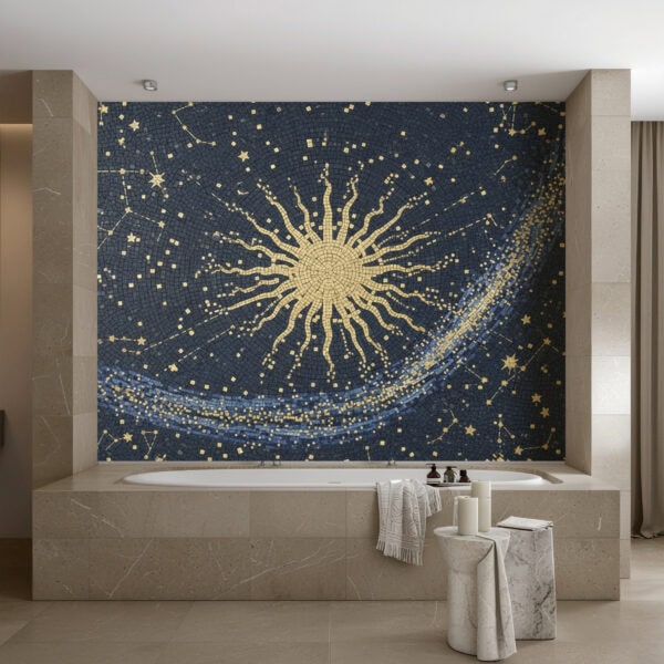 "Luxury bathroom mosaic wall featuring a radiant golden sun with constellations and flowing starry patterns on a deep blue background.